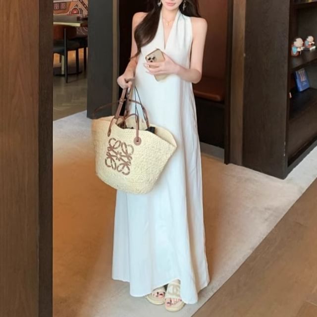 / Plain Belt Dress Faux Midi Leather Halter-Neck A-Line