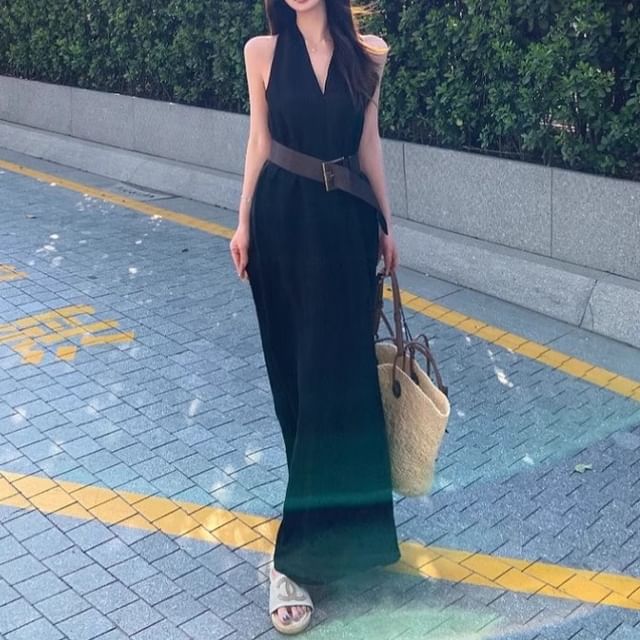 / Plain Belt Dress Faux Midi Leather Halter-Neck A-Line