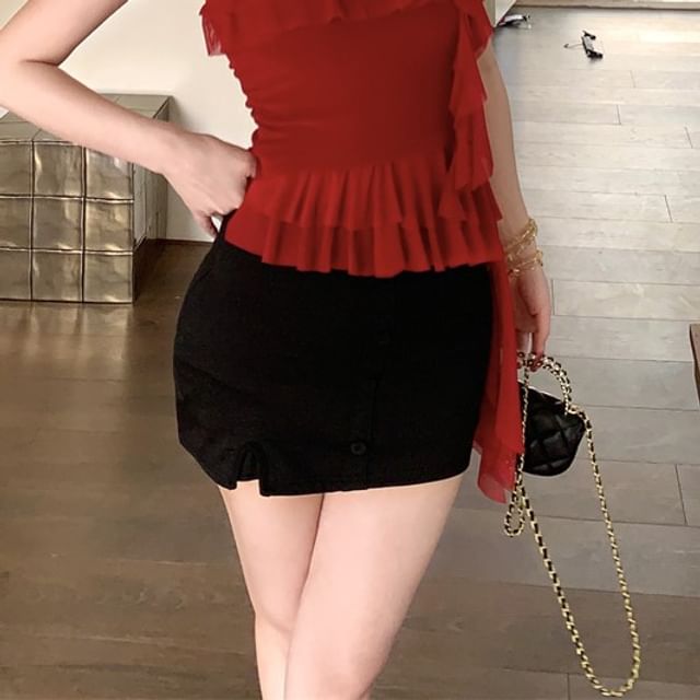 Mini Cami High Floral Ruffled Pencil Asymmetrical / Waist Top Skirt