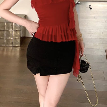 Mini Cami High Floral Ruffled Pencil Asymmetrical / Waist Top Skirt