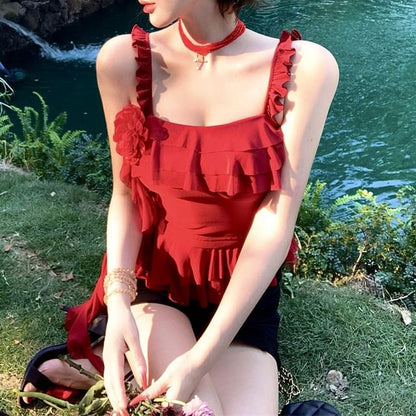 Mini Cami High Floral Ruffled Pencil Asymmetrical / Waist Top Skirt