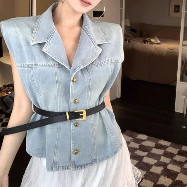 Vest High Washed A-Line Lace Layered Button-Up / Midi Skirt Denim Rise