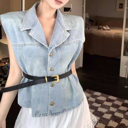 Vest High Washed A-Line Lace Layered Button-Up / Midi Skirt Denim Rise