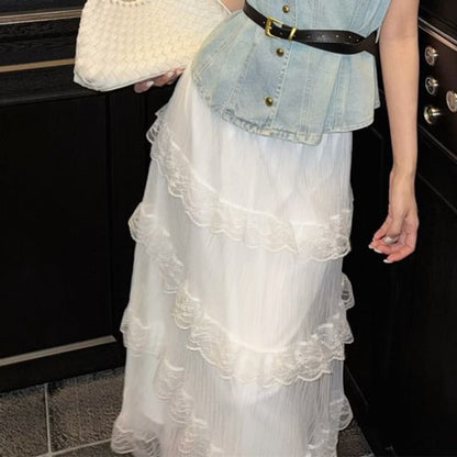 Vest High Washed A-Line Lace Layered Button-Up / Midi Skirt Denim Rise
