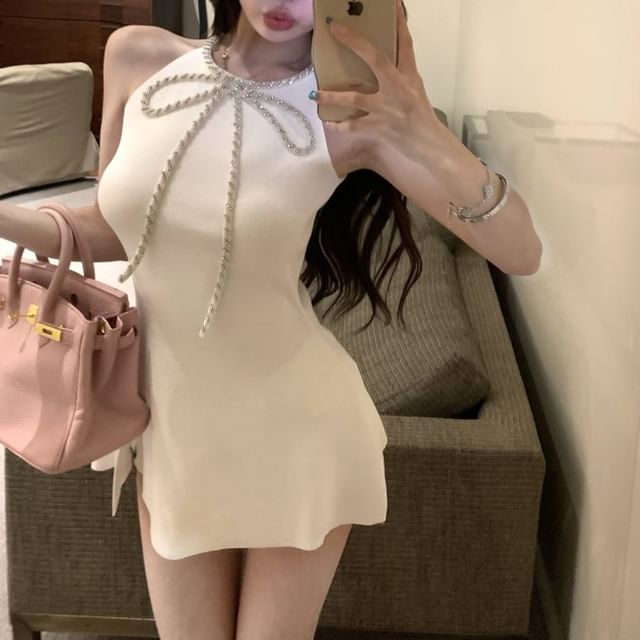 Halter-Neck Mini Rhinestone Dress Bow Slit A-Line