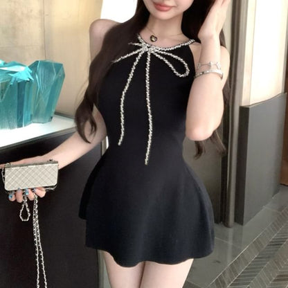 Halter-Neck Mini Rhinestone Dress Bow Slit A-Line