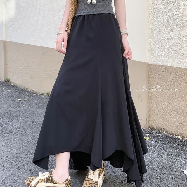 High Skirt Rise Panel Lace Mermaid Midi Asymmetrical