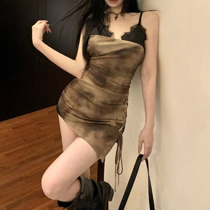 Trim Tie-Dyed Drawstring Mini Dress Spaghetti Lace Strap Bodycon