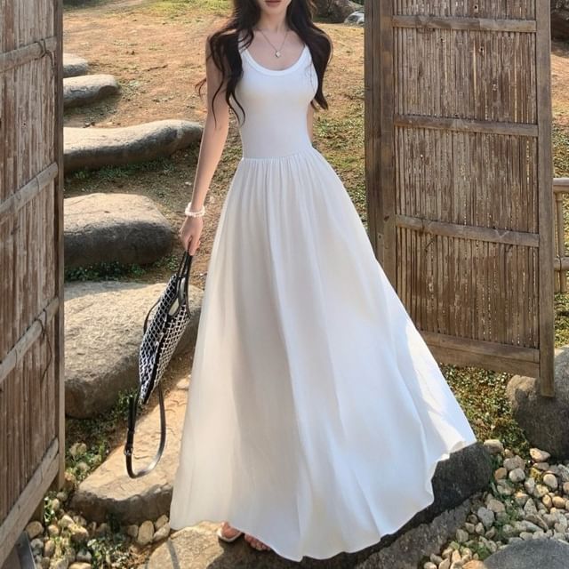 Plain Dress Strap A-Line Midi Spaghetti