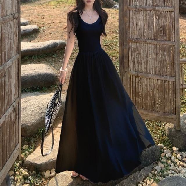 Plain Dress Strap A-Line Midi Spaghetti