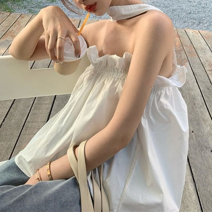 Plain Top Camisole Keyhole Ruffled Back Balloon Open