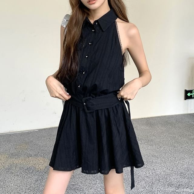 Striped Mini Belted Dress Sleeveless A-Line Collared