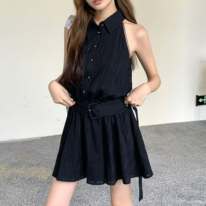 Striped Mini Belted Dress Sleeveless A-Line Collared