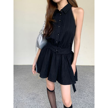 Collared Belted Mini Sleeveless Dress A-Line Striped