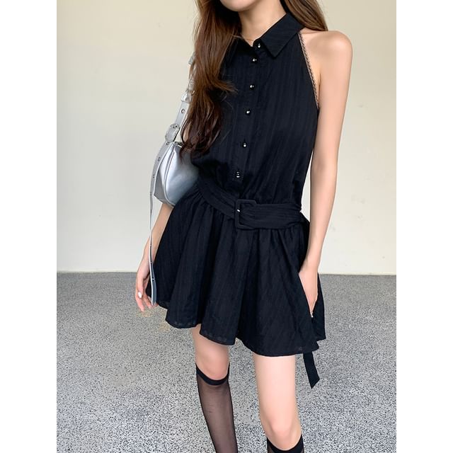 Striped Mini Belted Dress Sleeveless A-Line Collared