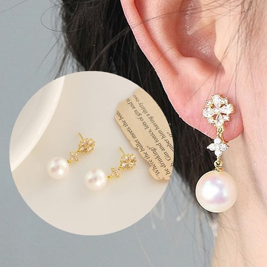 Flower / Clip-On Earring Faux Rhinestone Pearl Drop