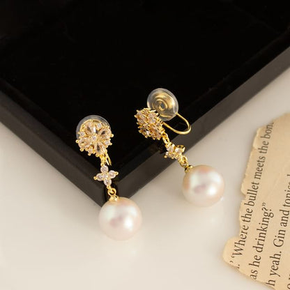 Flower / Clip-On Earring Faux Rhinestone Pearl Drop
