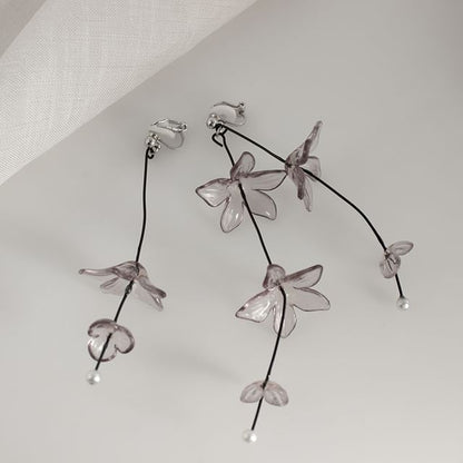 / Flower Clip-On Drop Asymmetrical Earring