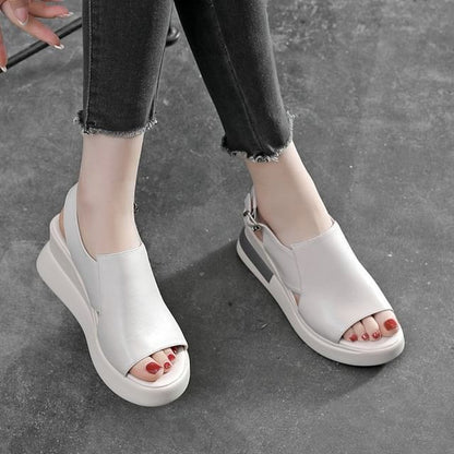 Plain Leather Slingback Wedge Sandals Heel Faux