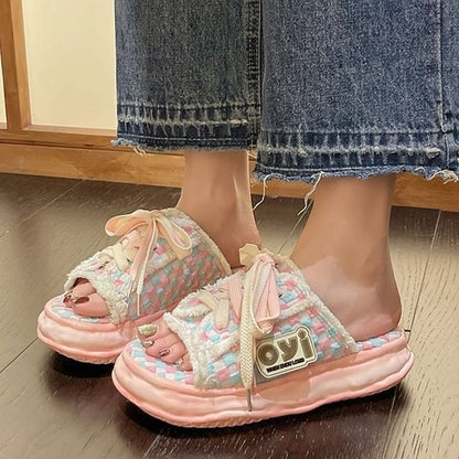 Sandals Lace-Up Sneakers Platform Frayed Checkerboard