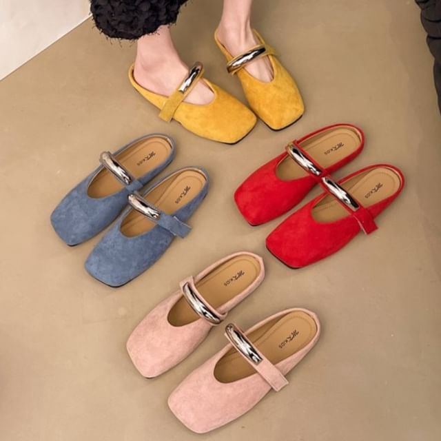 Metal Mary Suede Toe Mules Square Accent Faux Jane