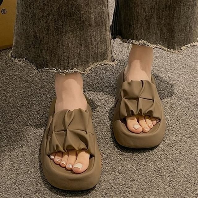 Plain Ruched Slide Platform Leather Faux Sandals