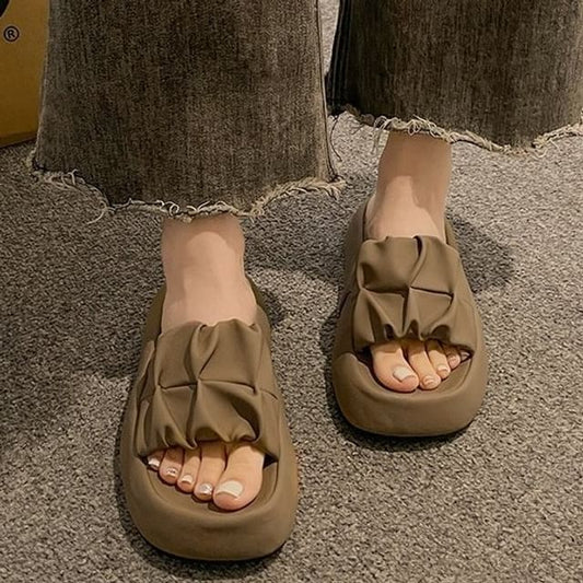 Plain Ruched Slide Platform Leather Faux Sandals