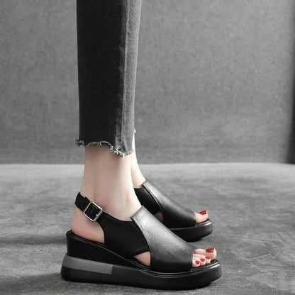 Plain Leather Slingback Wedge Sandals Heel Faux
