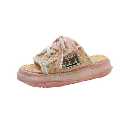 Sandals Lace-Up Sneakers Platform Frayed Checkerboard
