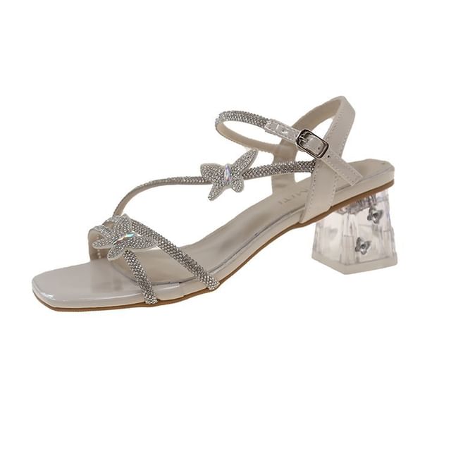 Toe Chunky Rhinestone Strap Ankle Butterfly Square Heel Sandals