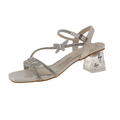 Toe Chunky Rhinestone Strap Ankle Butterfly Square Heel Sandals
