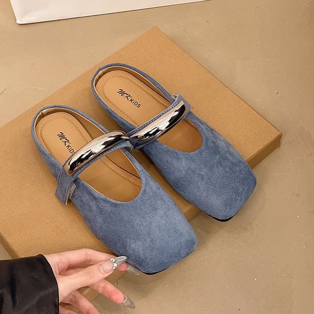 Metal Mary Suede Toe Mules Square Accent Faux Jane