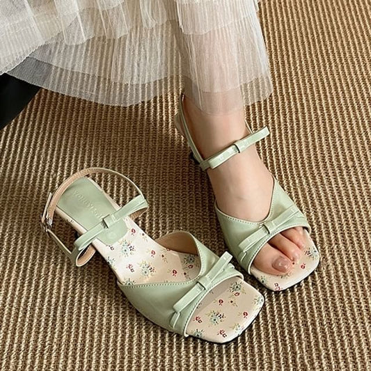 Heel Low Floral Toe Sandals Square Print