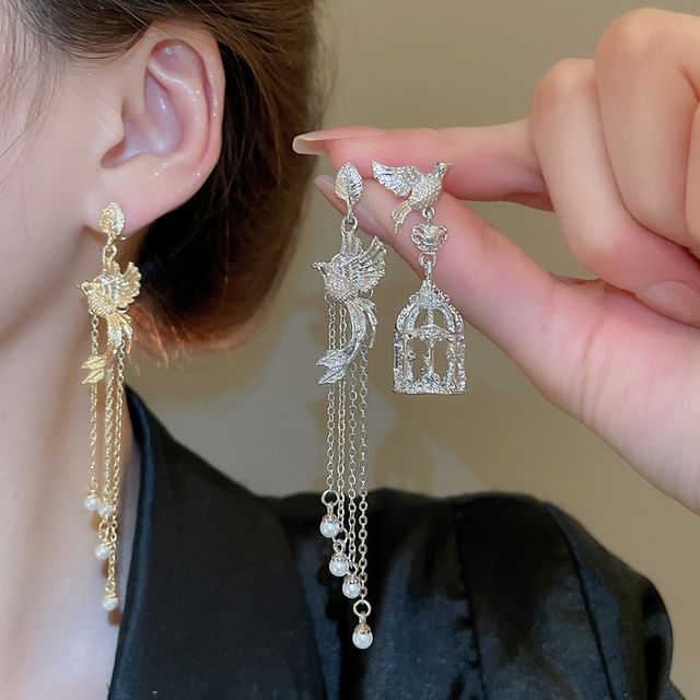 Pearl Alloy Faux Cage Asymmetrical Bird Dangle Earring