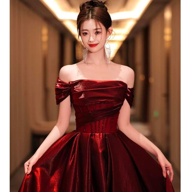 Gown Evening Ruched Maternity Off-Shoulder Glitter A-Line Short-Sleeve