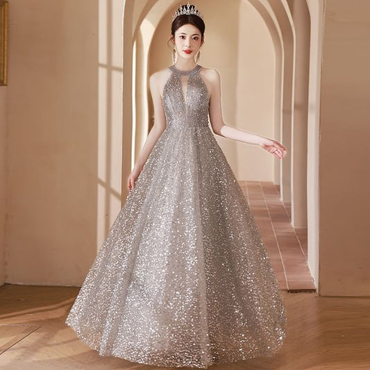 Evening Gown Neck A-Line Cutout Halter Sequin