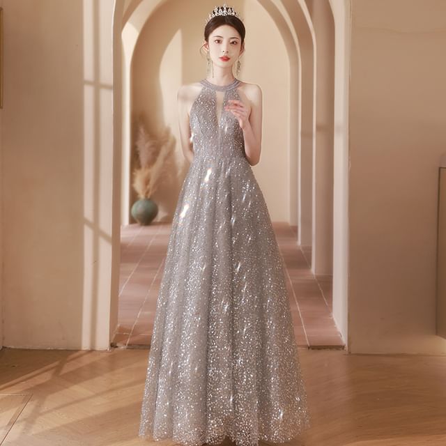 Evening Gown Neck A-Line Cutout Halter Sequin