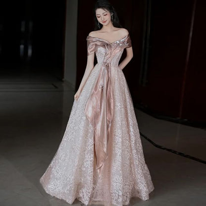 A-Line Floral Short-Sleeve Off-Shoulder Lace Evening Gown Accent