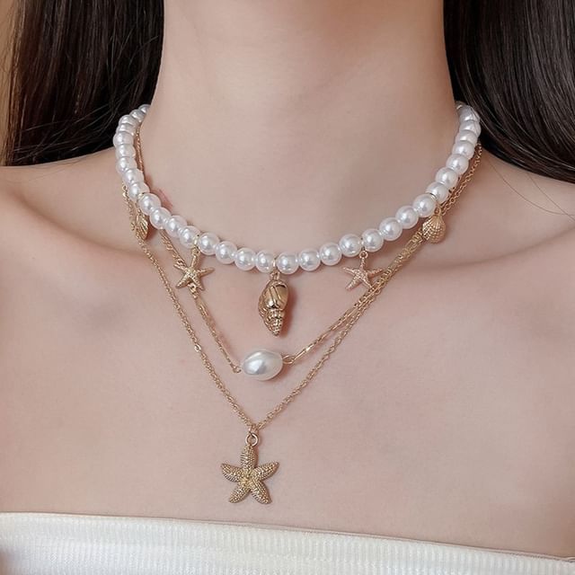of Pearl + Necklace 3: Pendant Alloy Choker Starfish Faux Set