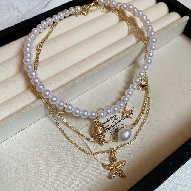 of Pearl + Necklace 3: Pendant Alloy Choker Starfish Faux Set