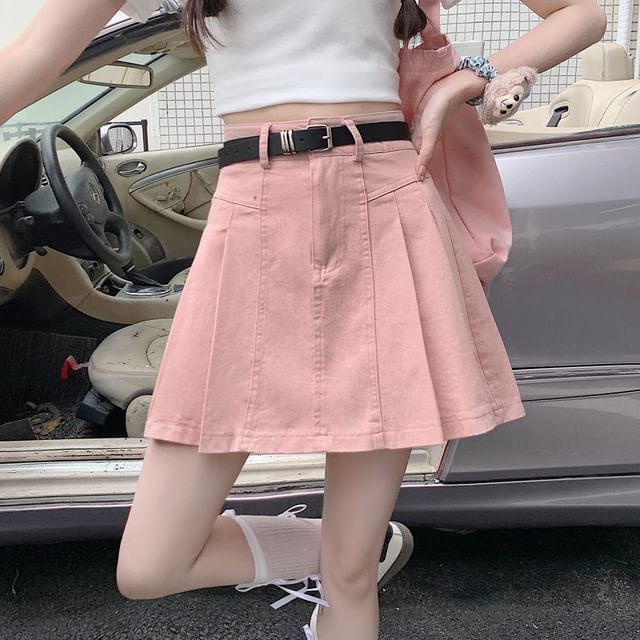 High Skirt Rise Denim Pleated Mini A-Line