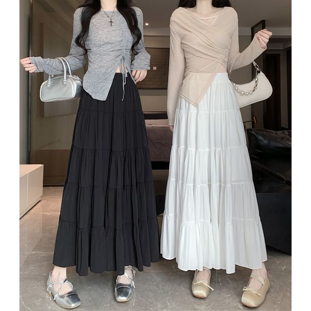 Tiered A-Line Plain Midi Waist Elastic Skirt