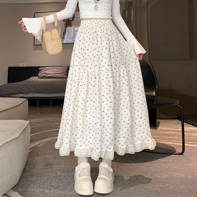 Skirt Elastic A-Line Waist Midi Floral