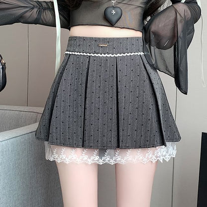 A-Line Skirt Heart Bow Print Lace Panel Waist High Mini