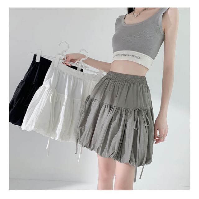 A-Line Bubble Hem Waist Bow Mini Elastic Skirt Plain