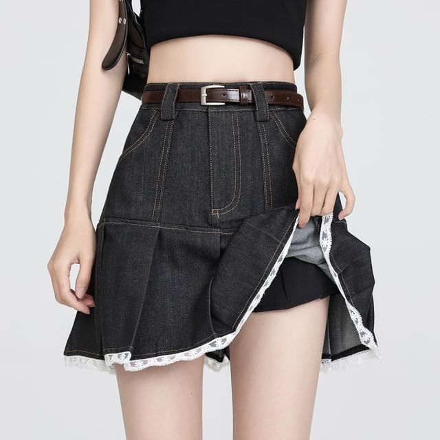 Denim Skort Trim Lace Waist Pleated High