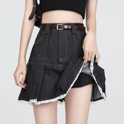 Denim Skort Trim Lace Waist Pleated High