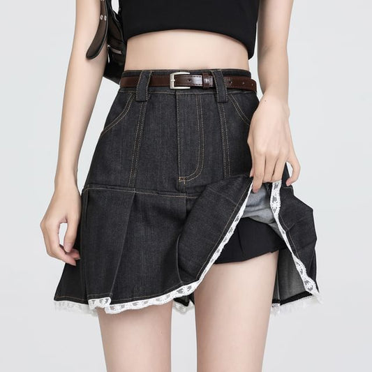 Denim Skort Trim Lace Waist Pleated High