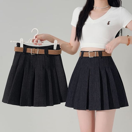 Denim Mini Pleated A-Line High Waist Skirt