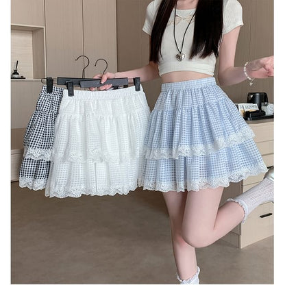 Skirt A-Line Waist Plaid Trim Tiered Mini Lace Elastic